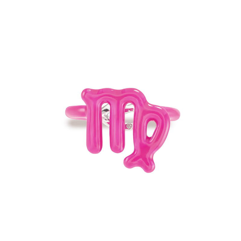 Virgo Hotglyph Zodiac Ring Neon Pink Enamel and Sterling Silver by Hotlips by Solange Front View