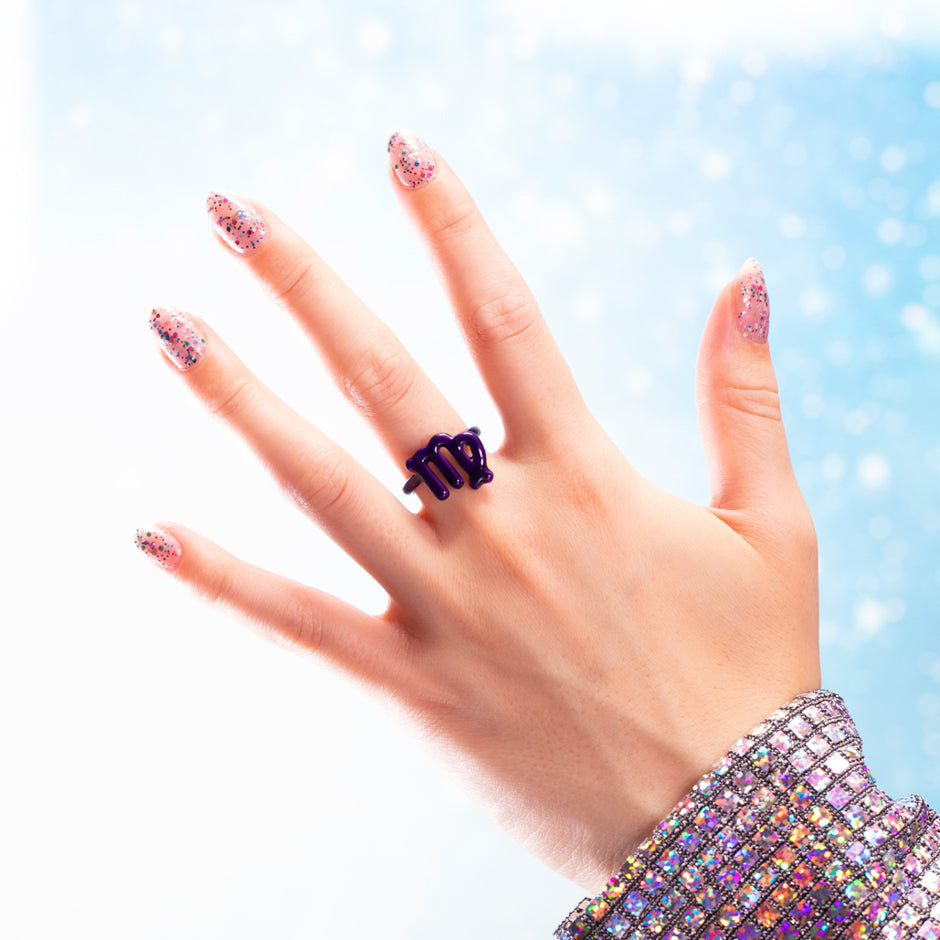Virgo Zodiac Hotglyph Ring purple enamel and silver on hand