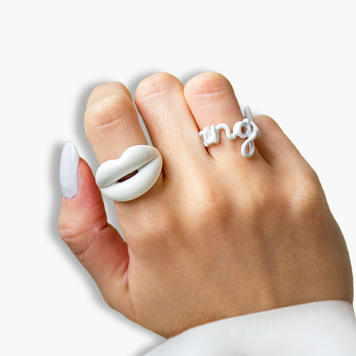 White Hotlips ring and angel ring silver and enamel