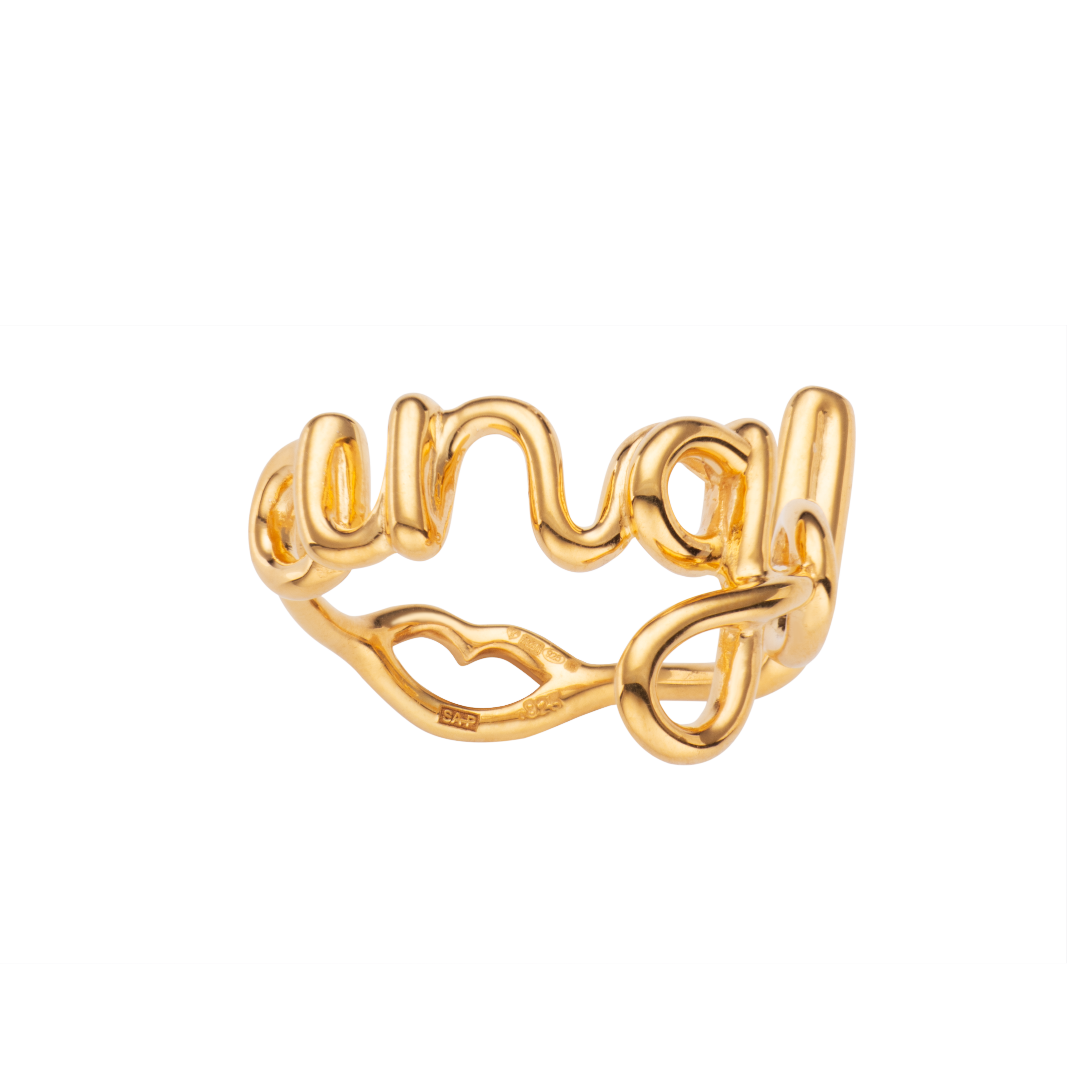 Angel Hotscripts word wire ring by Hotlips by Solange in gold plated silver front view