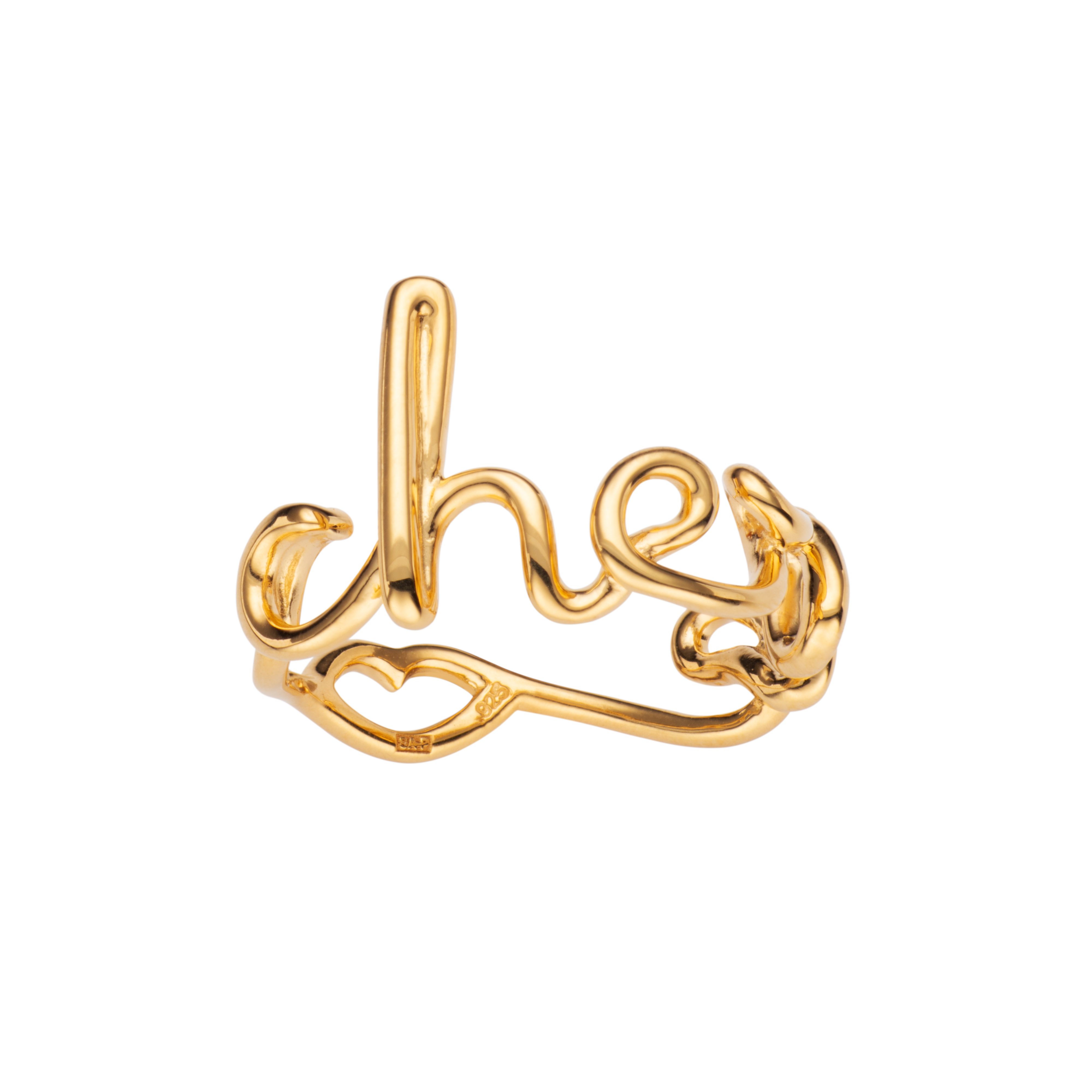 Cherie Hotscripts word wire ring by Hotlips by Solange in gold plated silver front view