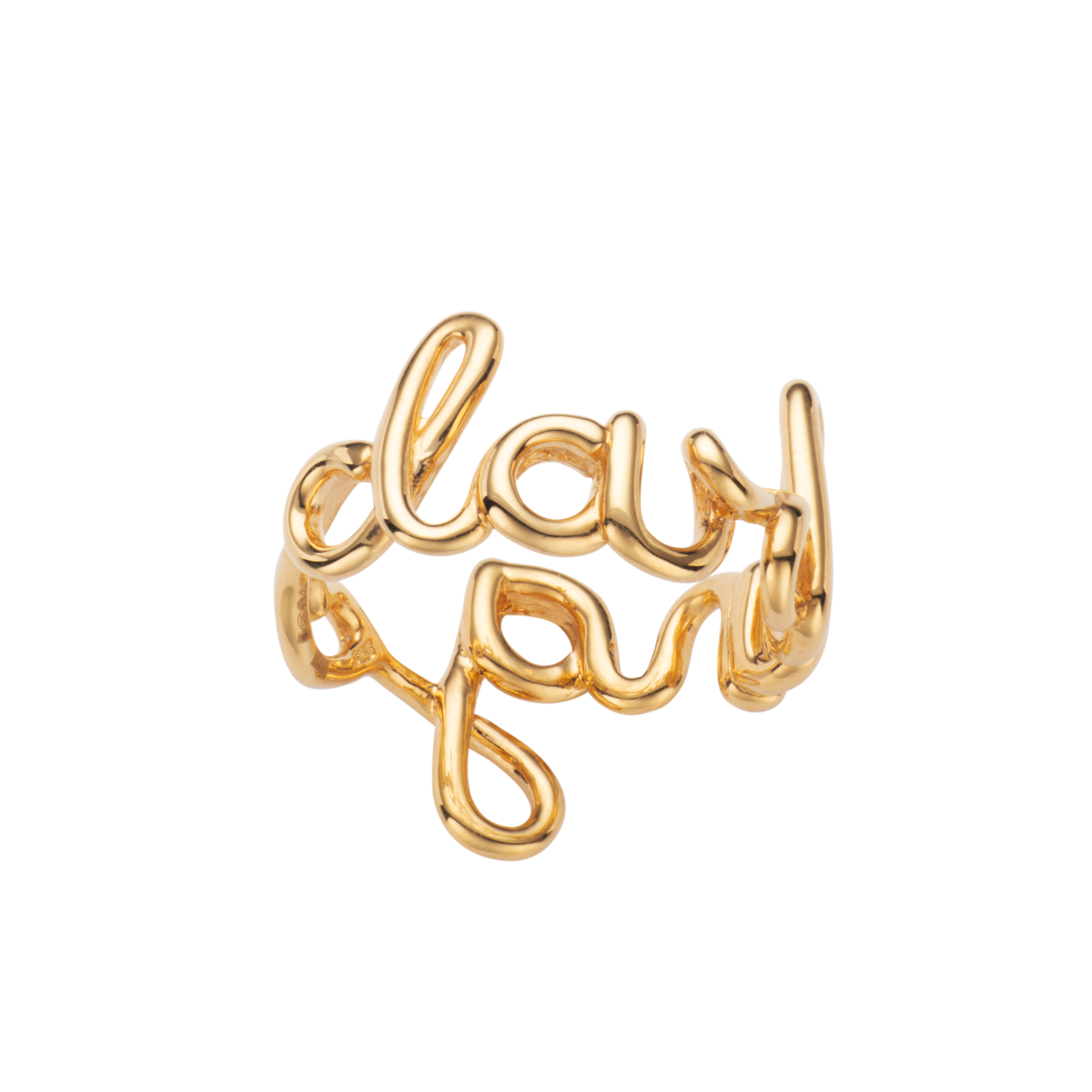 Darling Hotscripts word wire ring by Hotlips by Solange in gold plated silver front view