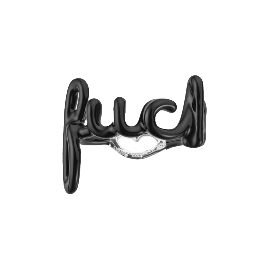 Fuck silver and black enamel hotscript ring front view