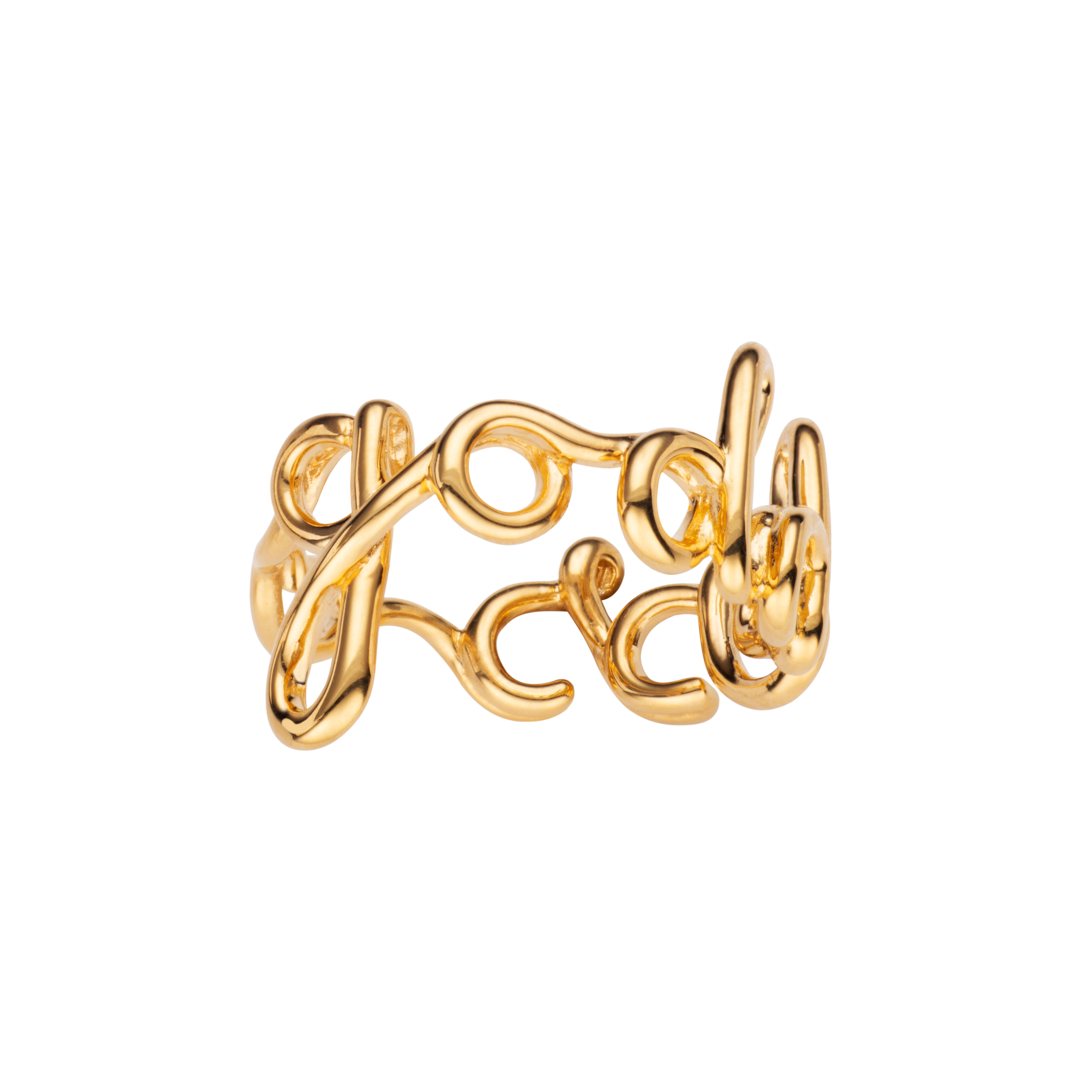 Goddess Hotscripts word wire ring by Hotlips by Solange in gold plated silver front view