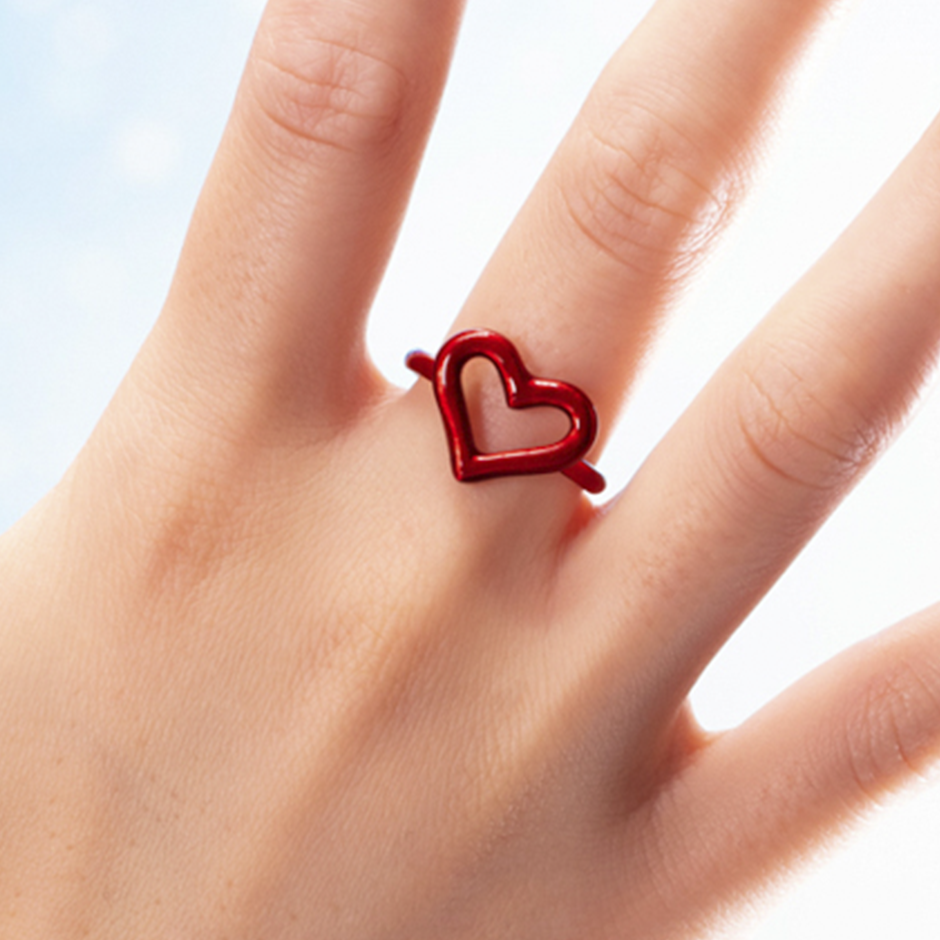 Heart Hotglyph Symbol Ring Red Enamel and Silver by Solange Azagury-Partridge on hand close up