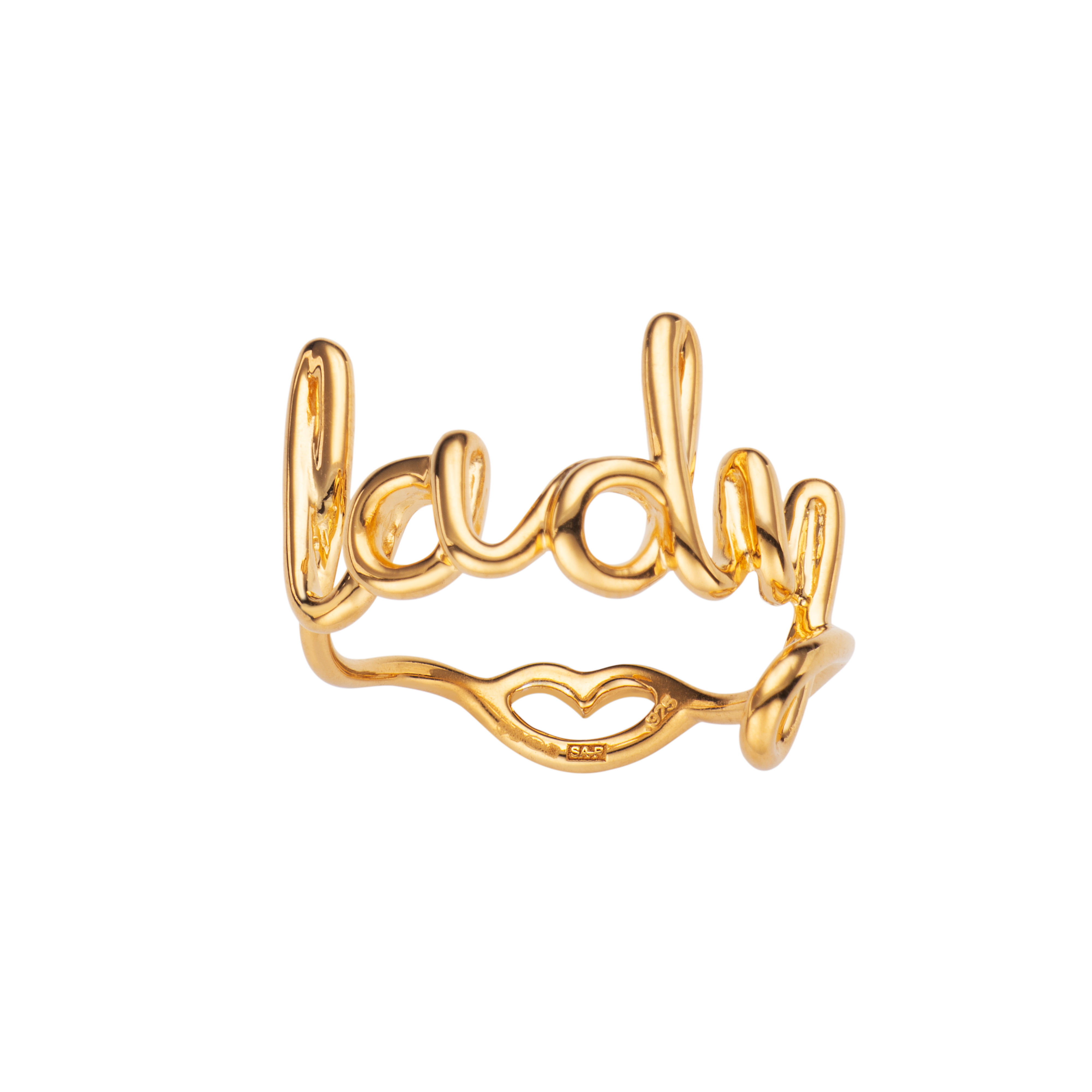 Lady Hotscripts word wire ring by Hotlips by Solange in gold plated silver front view
