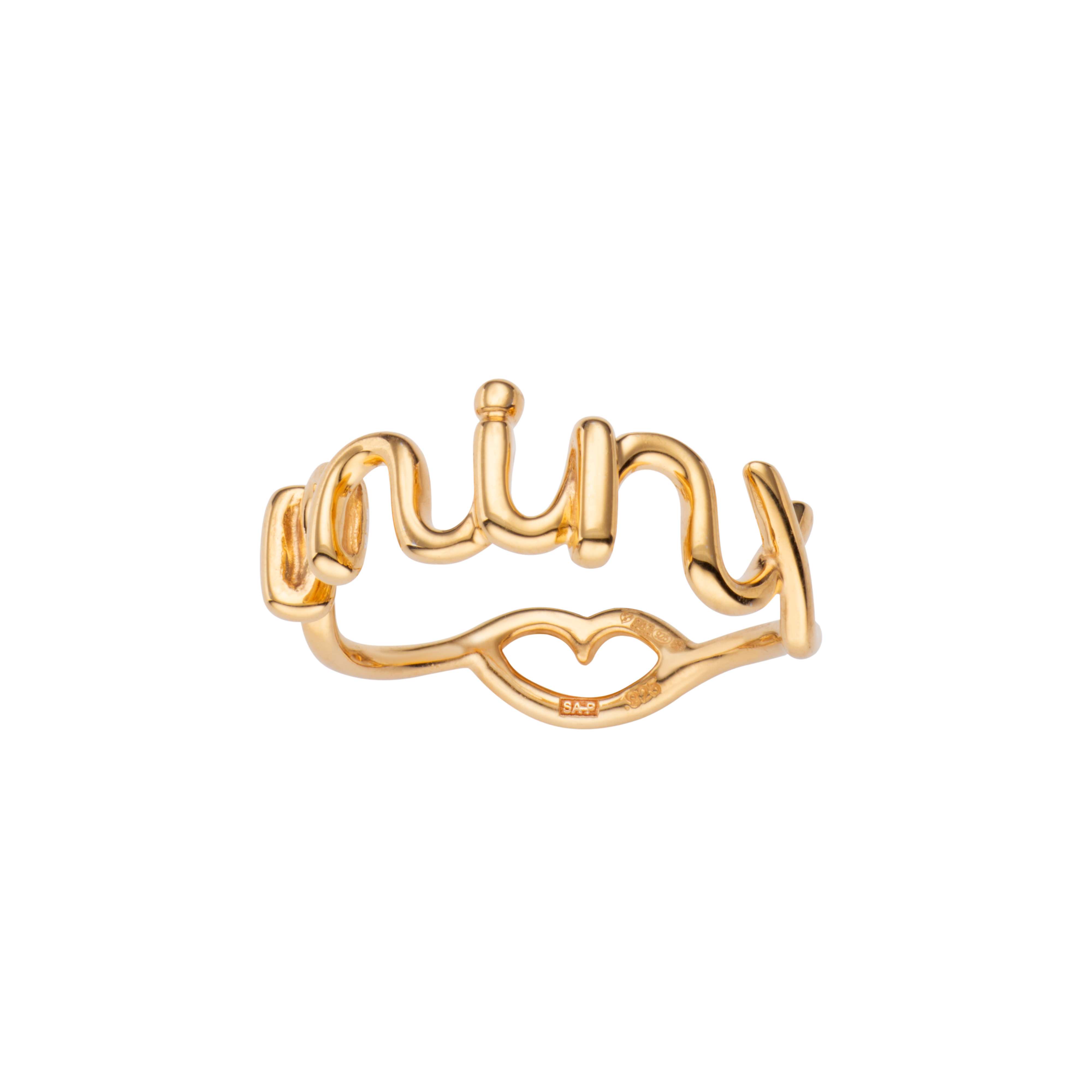 Minx Hotscripts word wire ring by Hotlips by Solange in gold plated silver front view