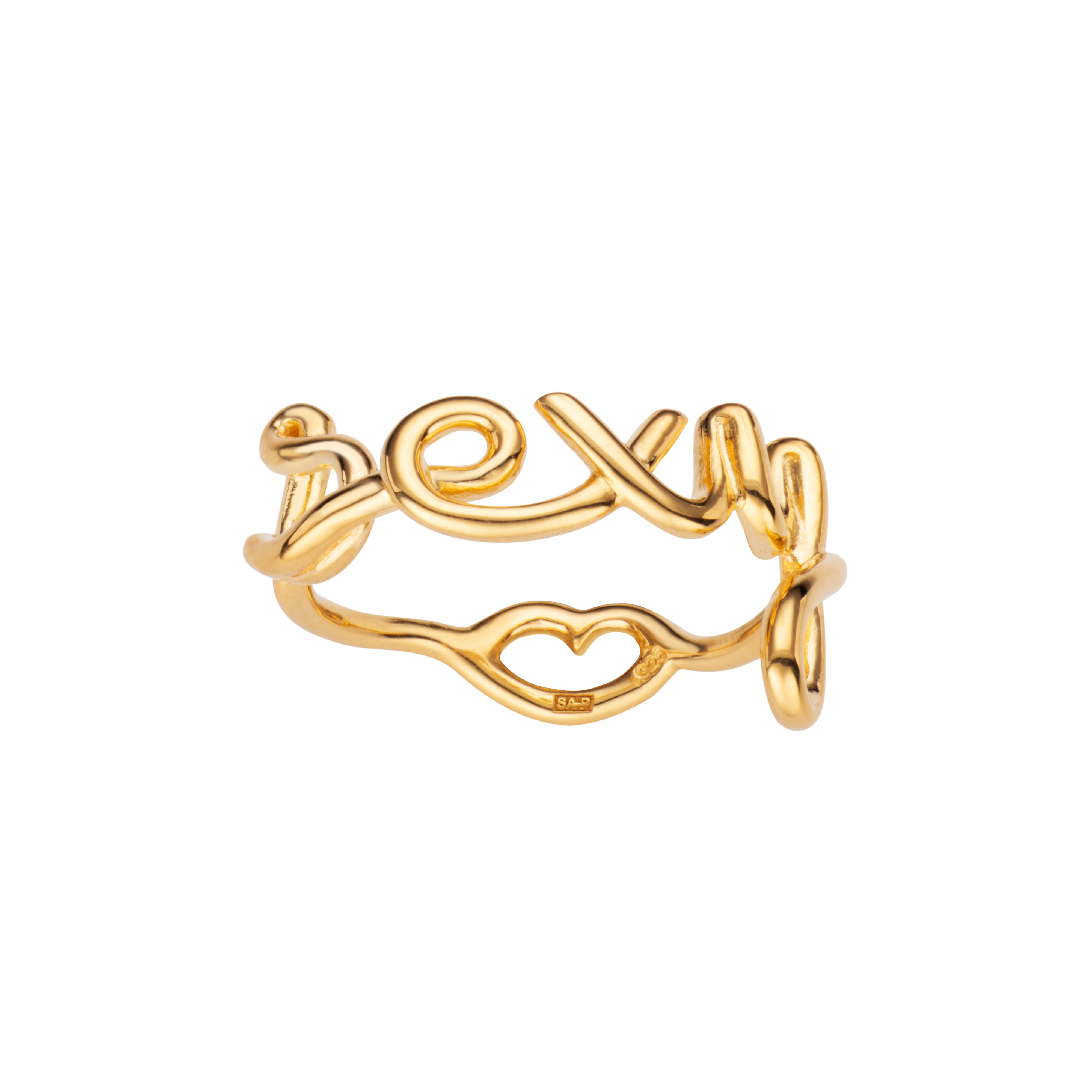 Sexy Hotscripts word wire ring by Hotlips by Solange in gold plated silver front view