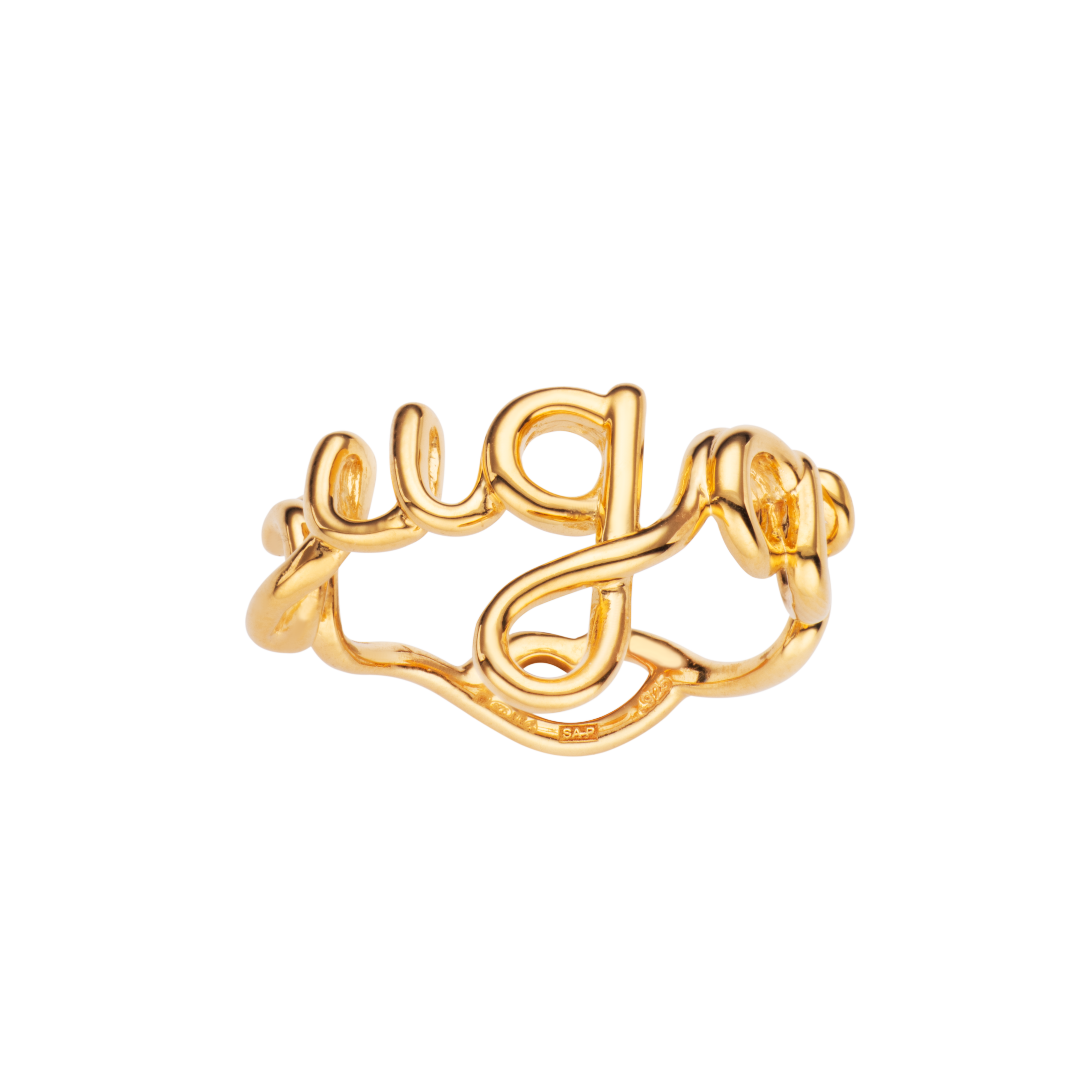 Sugar Hotscripts word wire ring by Hotlips by Solange in gold plated silver front view