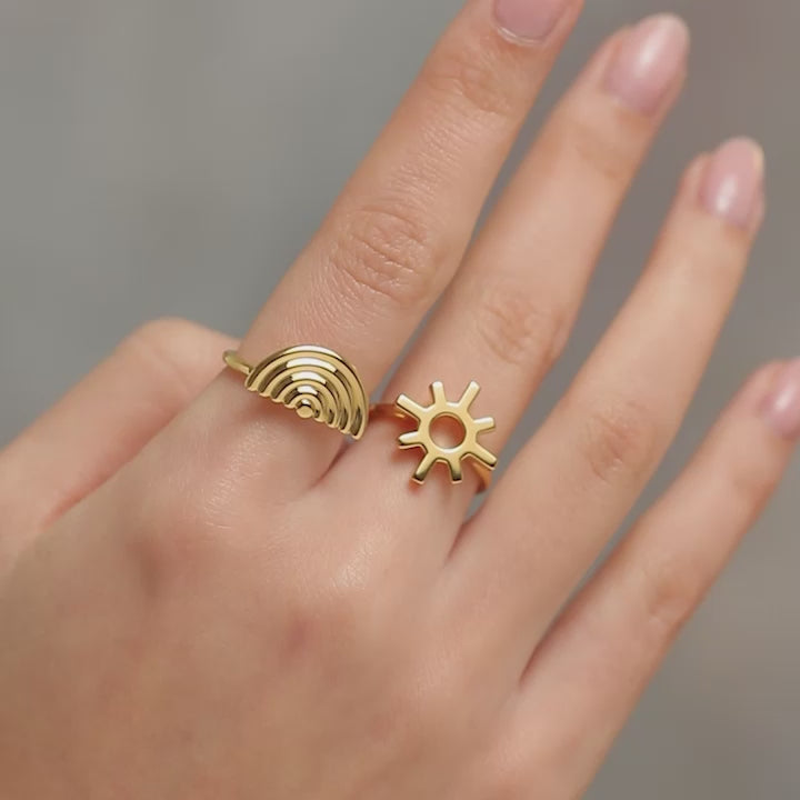 Rainbow and Sun Motif Rings in Gold Plated Sterling Silver Vermeil By Hotlips by Solange on hand