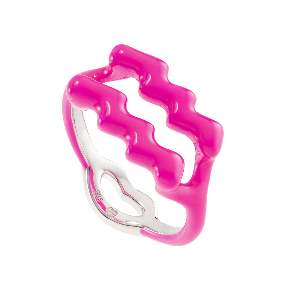 Aquarius Silver and Neon Pink Enamel Hotglyph Zodiac ring by Hotlips by Solange Angled View