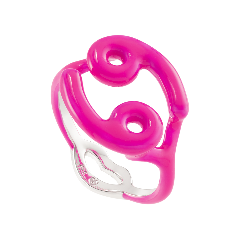 Cancer Hotglyph Silver and Enamel Ring Neon Pink by Hotlips by Solange Angled View