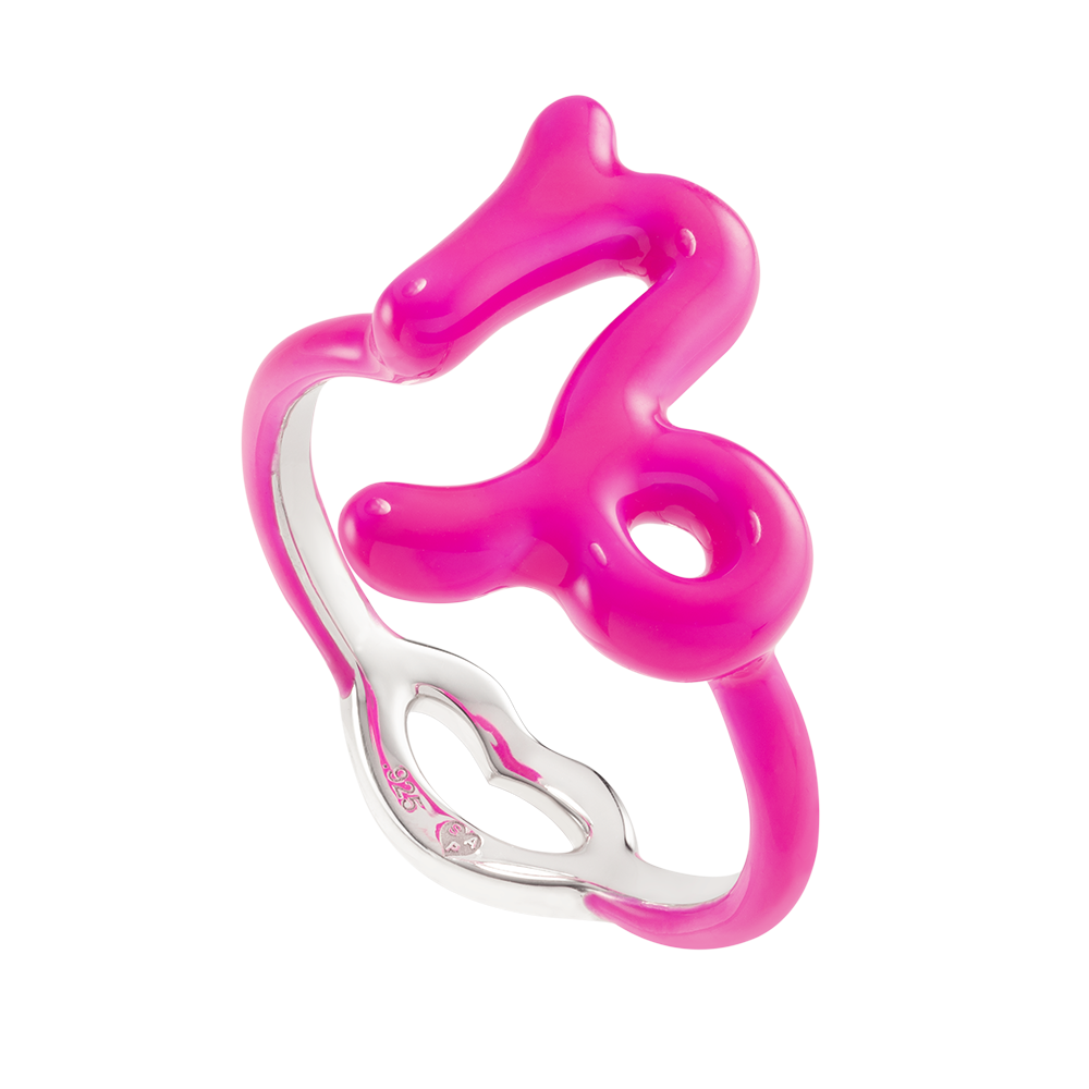 Capricorn Neon Pink Silver & Enamel Hotglyphs Zodiac Ring Hotlips by Solange Angled View