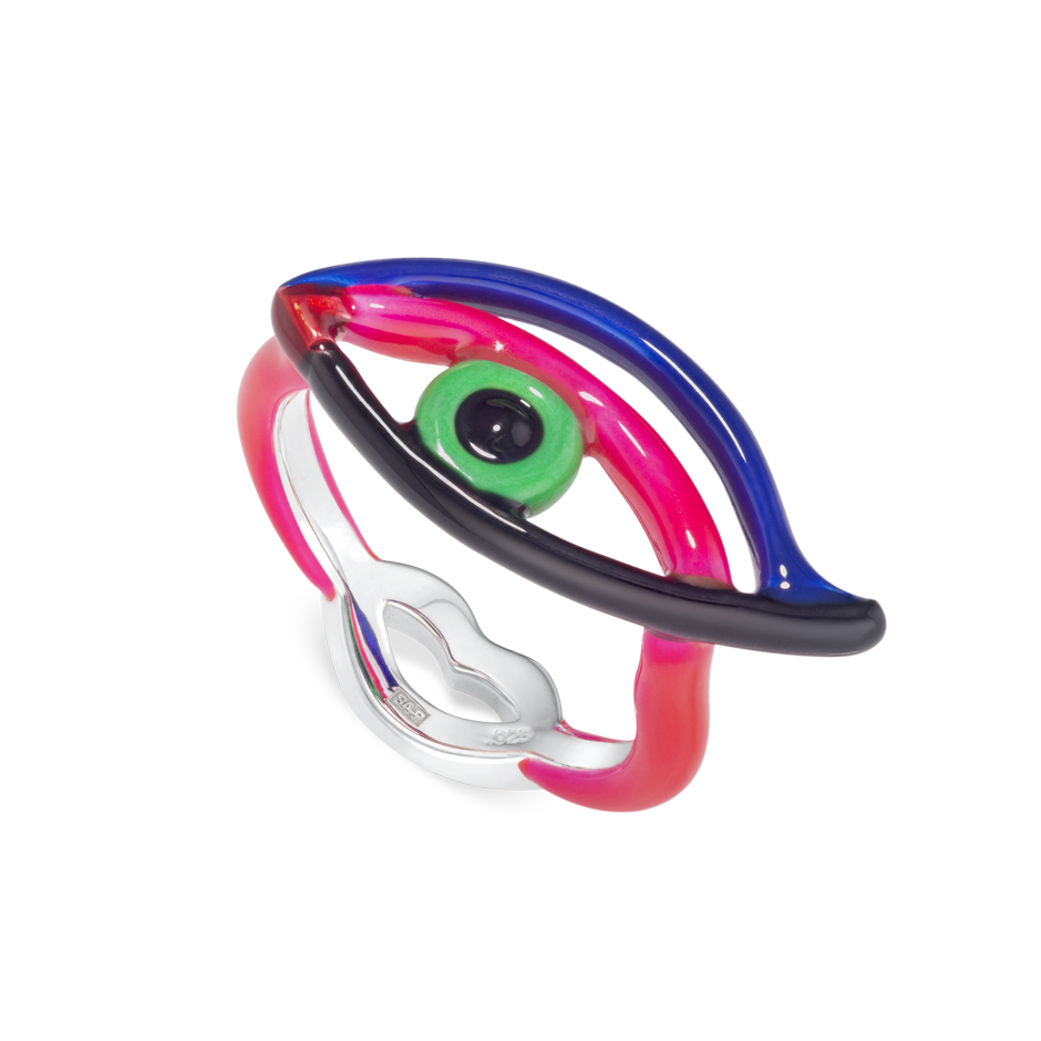 Eye Hotglyph Symbol Ring Silver and Enamel by Solange Azagury-Partridge angled view
