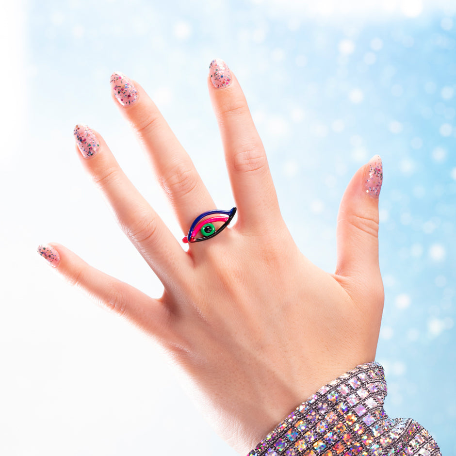 Eye Hotglyph Symbol Ring Silver and Enamel by Solange Azagury-Partridge on hand