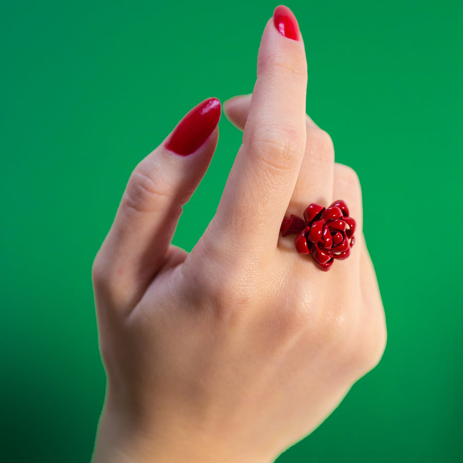 Gift Bow Ring Red enamel and silver by Solange Azgury-Partridge on hand