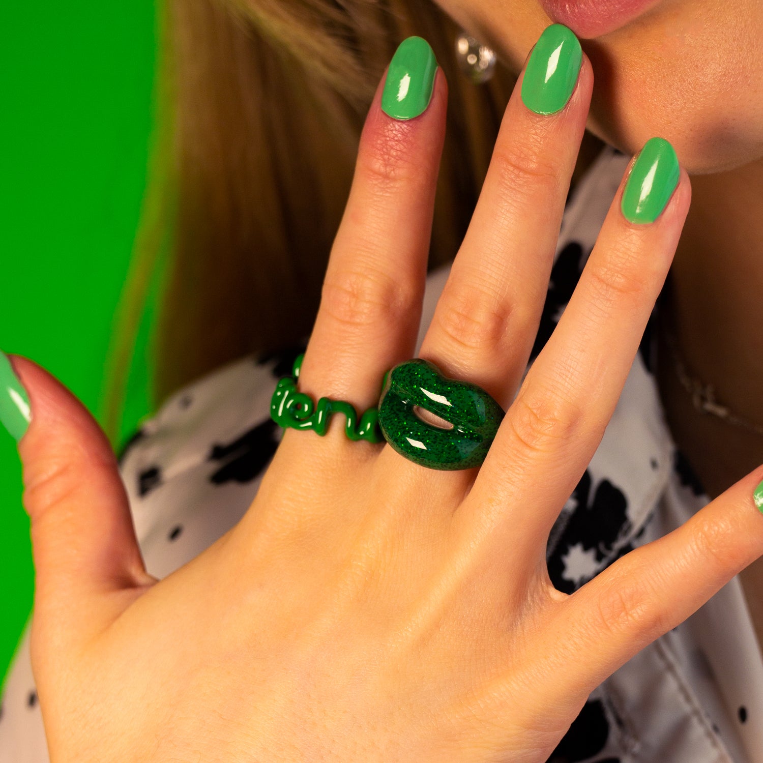 Glitter Green Hotlips and Green Friend word ring by Solange on hand green nail polish