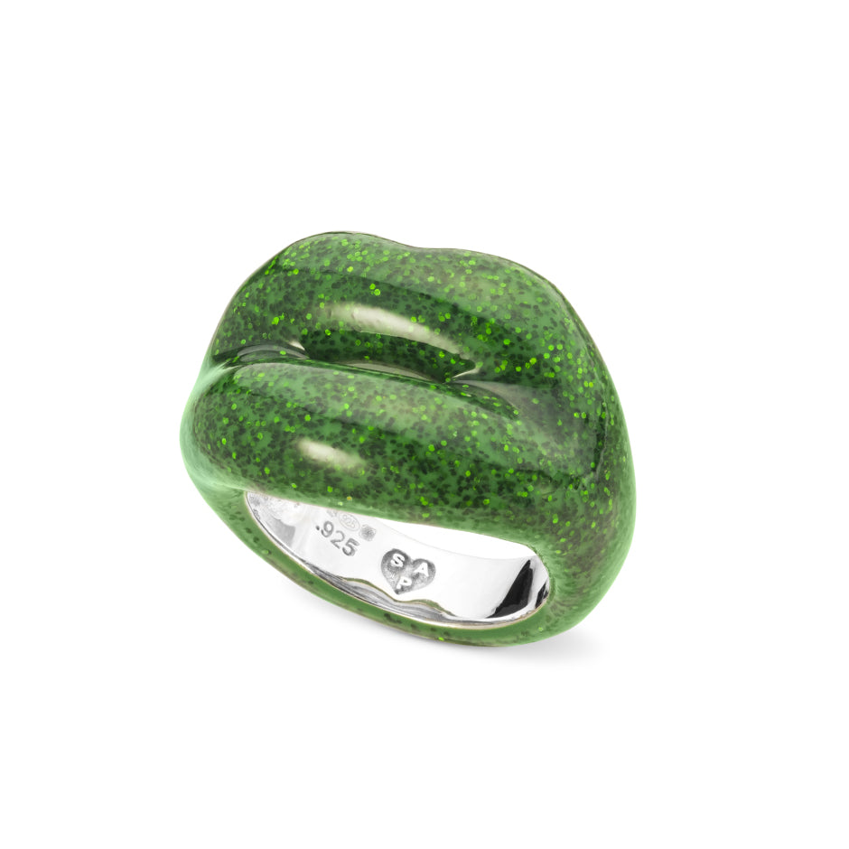 Glitter Green Hotlips ring side view