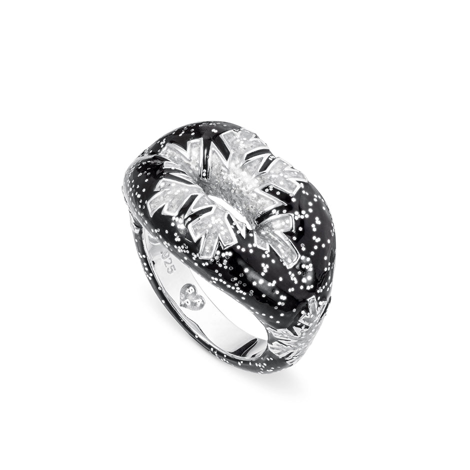 Glitter Silver Snowflake Hotlips enamel ring by Solange side view