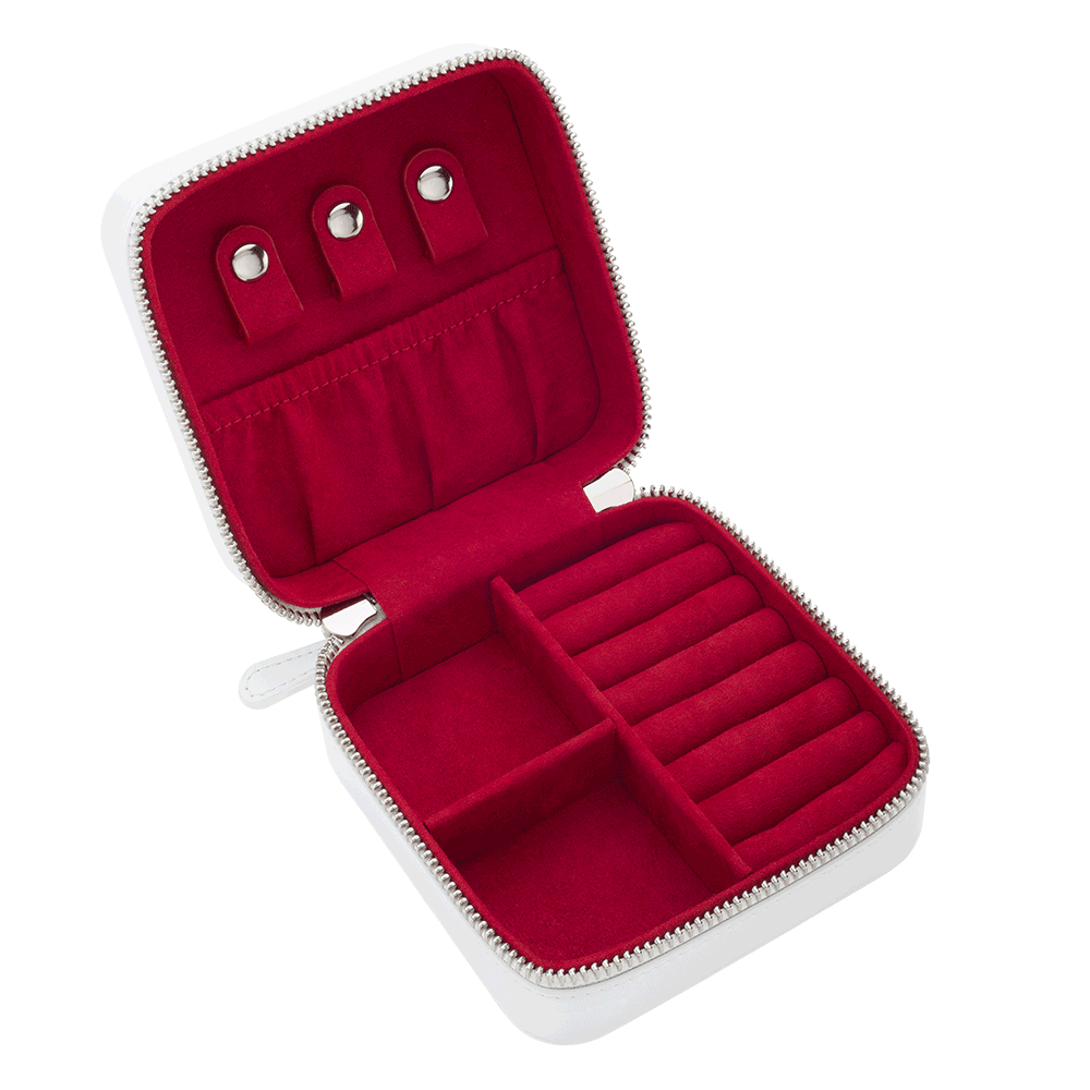 Hotlips by Solange Vegan White LEather Jewellery Travel Box With Zips Red Interior Empty