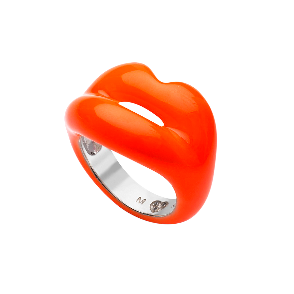 Neon Orange silver and enamel Hotlips ring side view