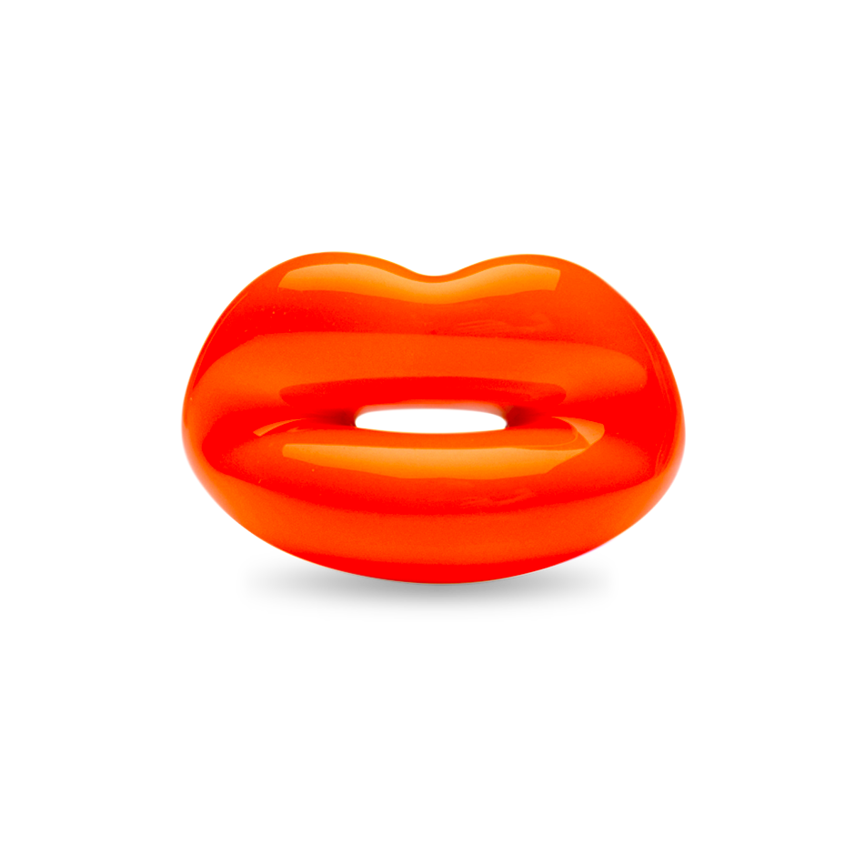Neon Orange silver and enamel Hotlips ring front view