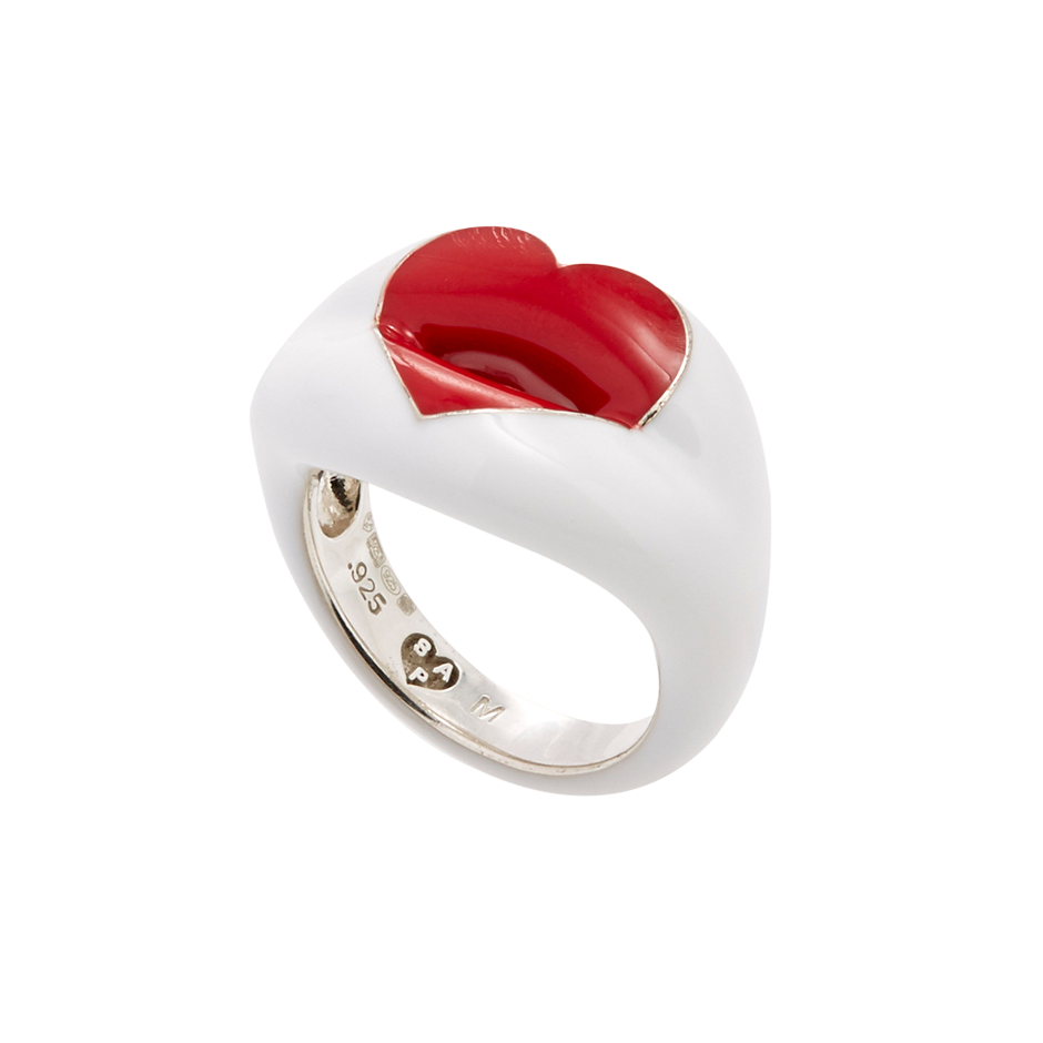 Loveheart white and red enamel Hotlips ring by Solange side view