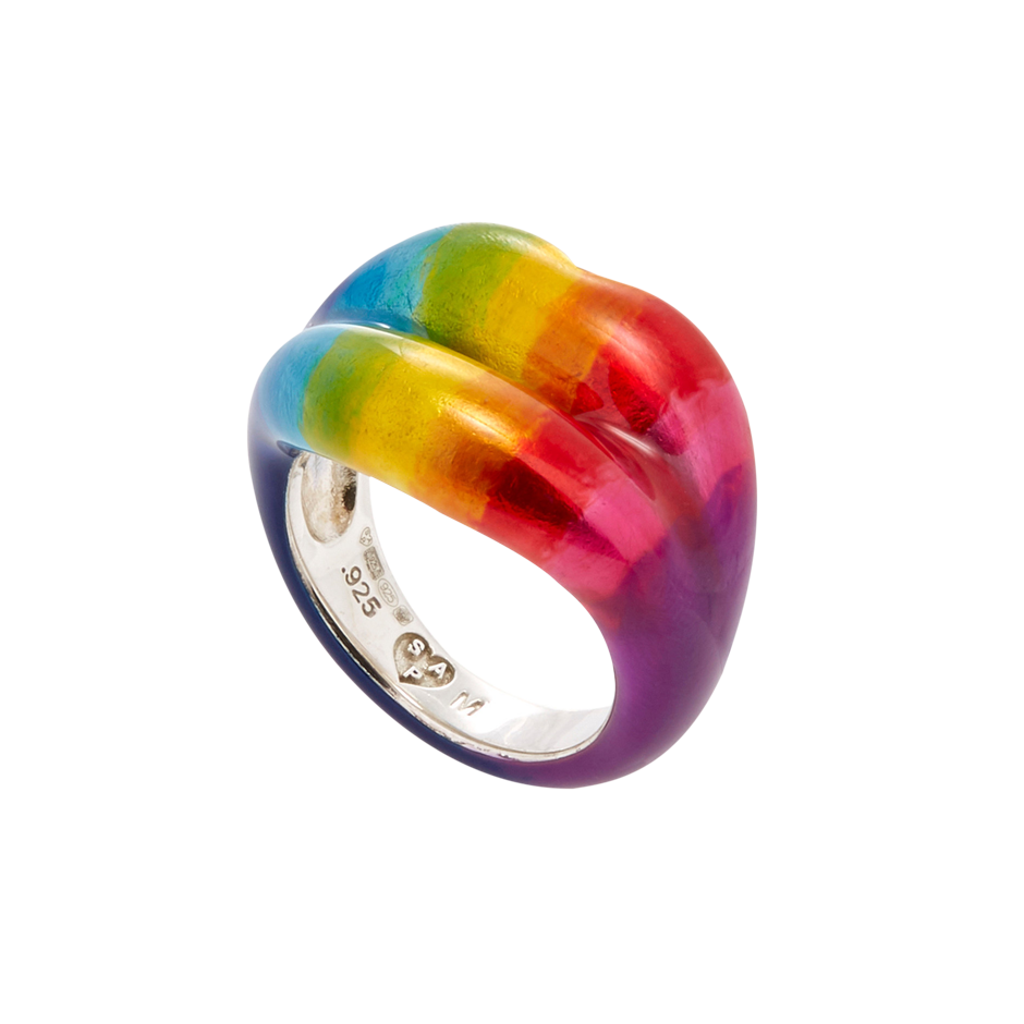 Rainbow Hotlips ring in silver and enamel side view