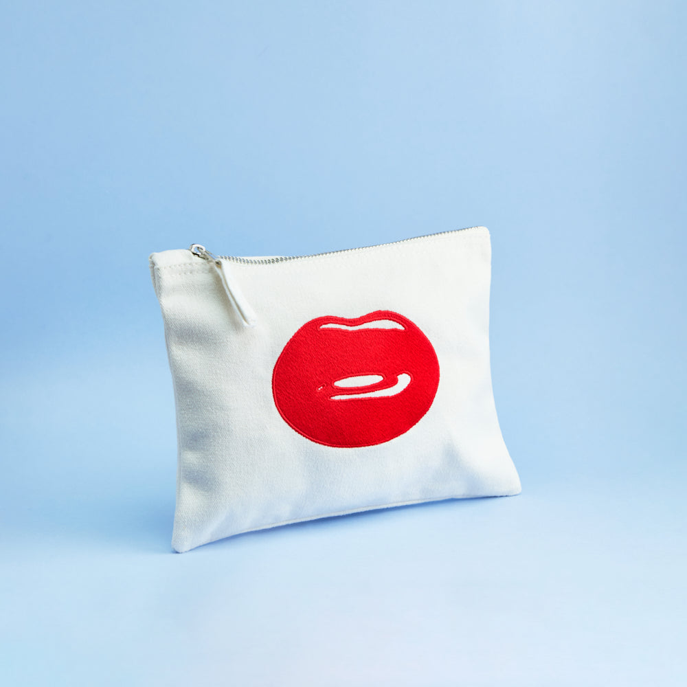 Hotlips Embroidered Lip Zip Pouch Bag white angled Image