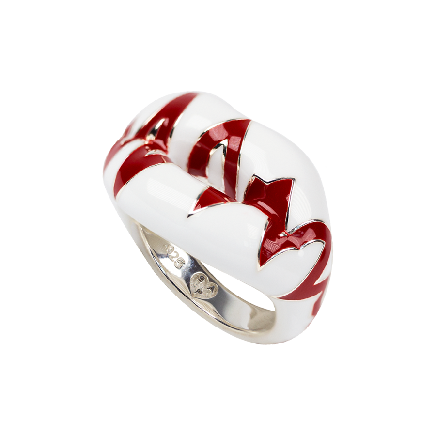 Heartbeat Hotlips ring by Solange in white and red side view