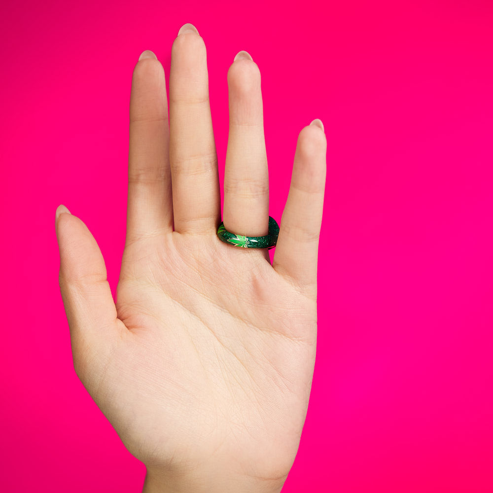 Leaf 420 Ring Silver and Glitter Green Enamel by Hotlips by Solange on hand back of ring