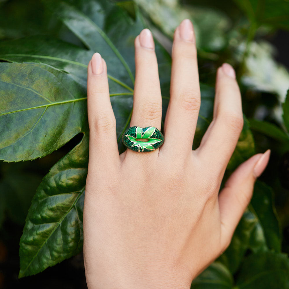 Leaf 420 Ring Silver and Glitter Green Enamel by Hotlips by Solange on hand