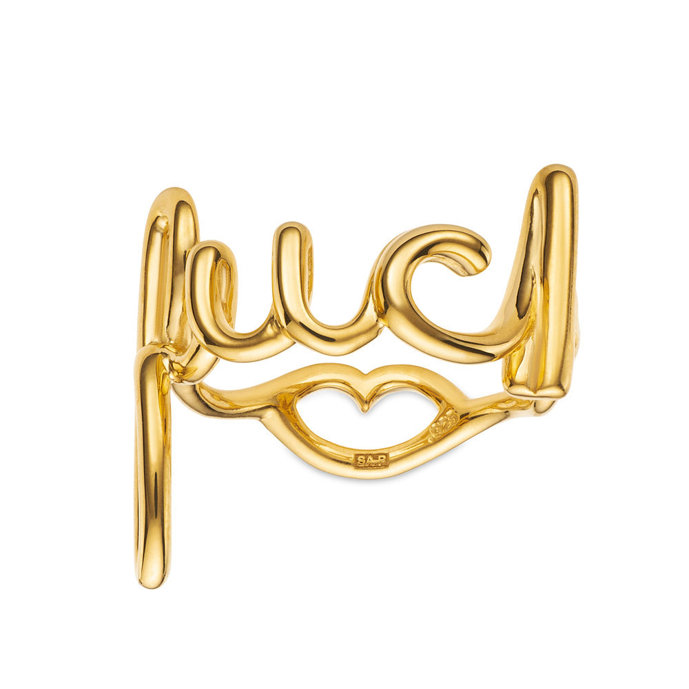 Fuck Cursive Word Hotscripts Ring in Gold Plated Silver Vermeil by Hotlips by Solange Front View