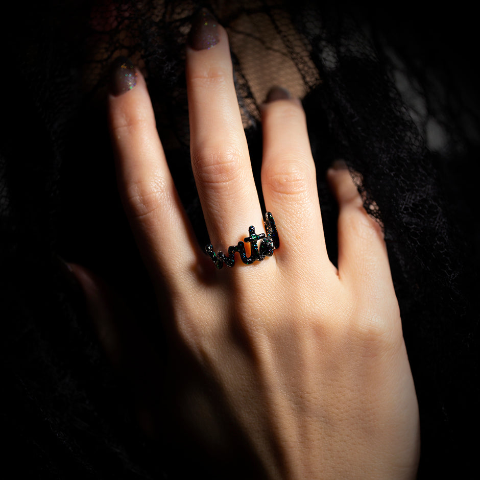 Witchy Black Enamel word ring by Solange on model with veil