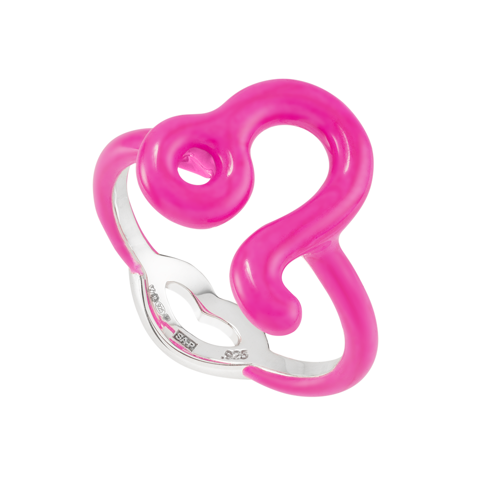 Leo Silver and Neon Pink Enamel Hotglyph Zodiac ring by Hotlips by Solange Angled View