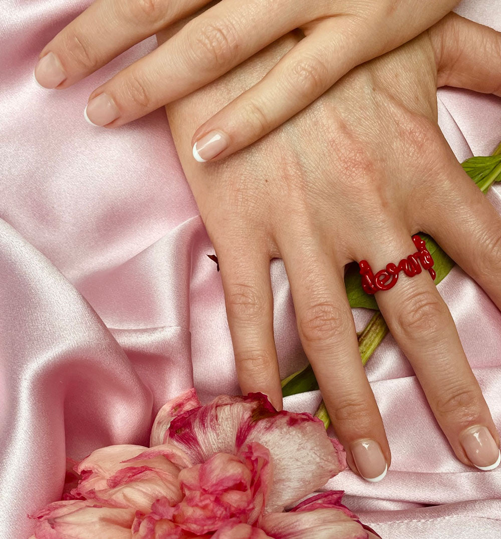 Eternity Written Word Ring Red Enamel and Silver by Hotlips by Solange On Hand Lola Bute
