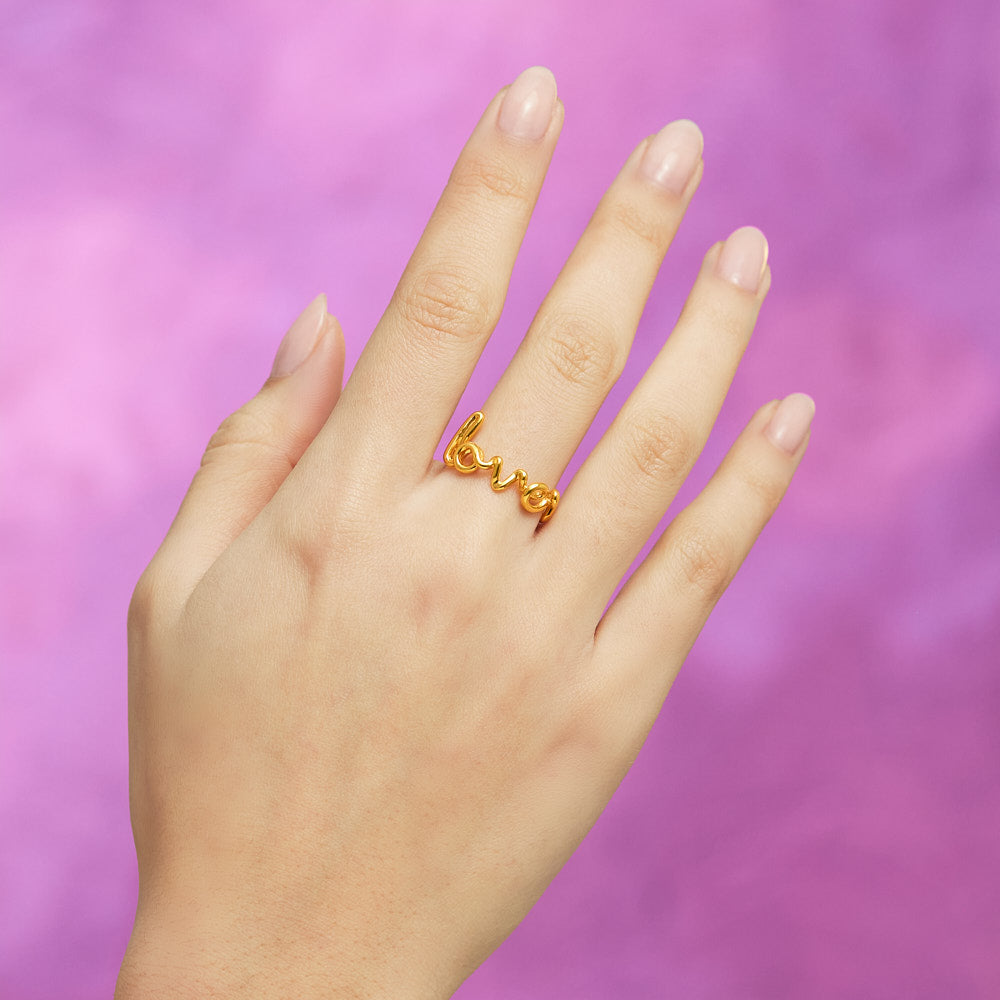 Lover Cursive Word Hotscripts Ring in Gold Plated Silver Vermeil by Hotlips by Solange On Models Hand