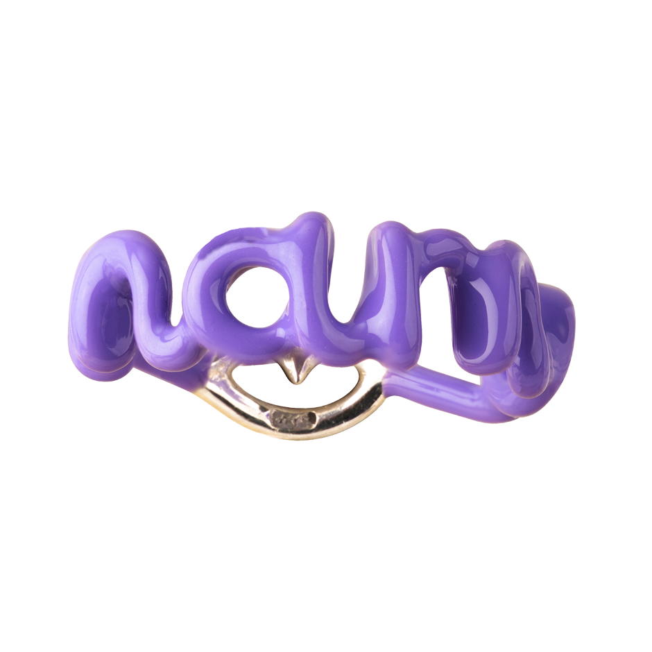 Mama lilac enamel Hotscripts word ring by Solange front view