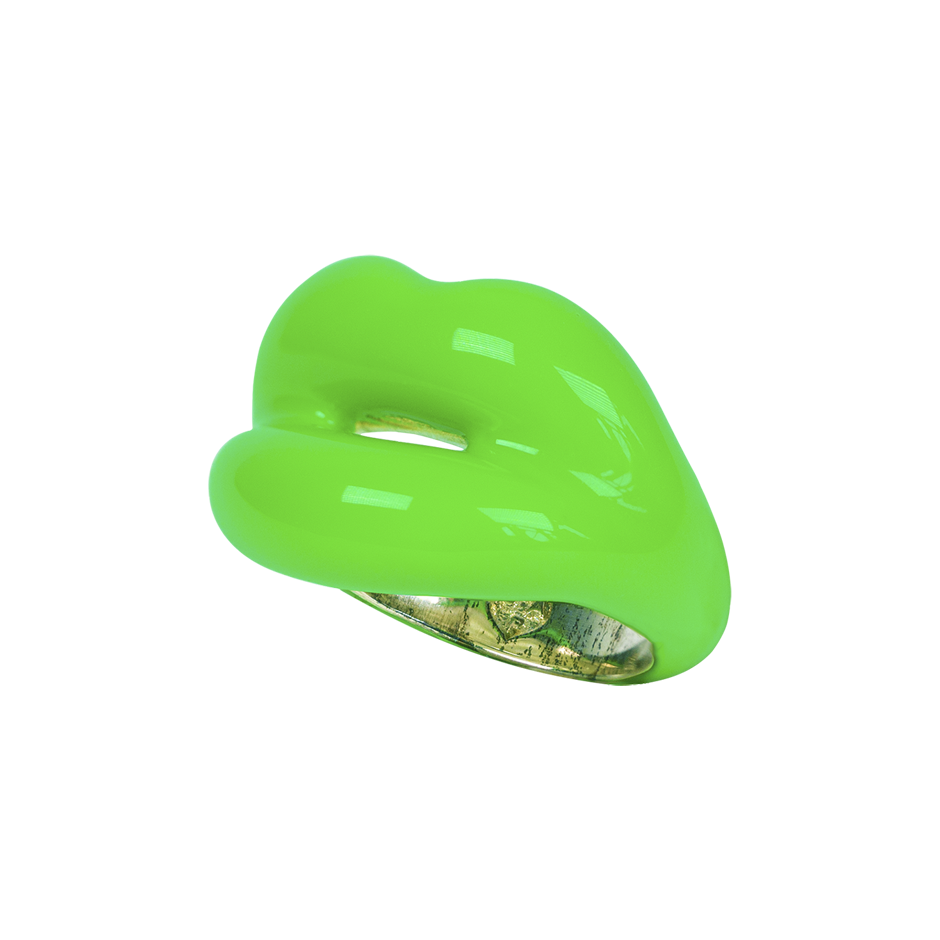 Neon Green silver and enamel Hotlips ring side view