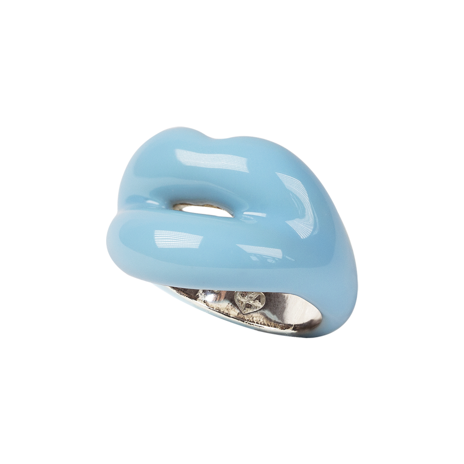 Pastel Blue silver and enamel Hotlips ring side view