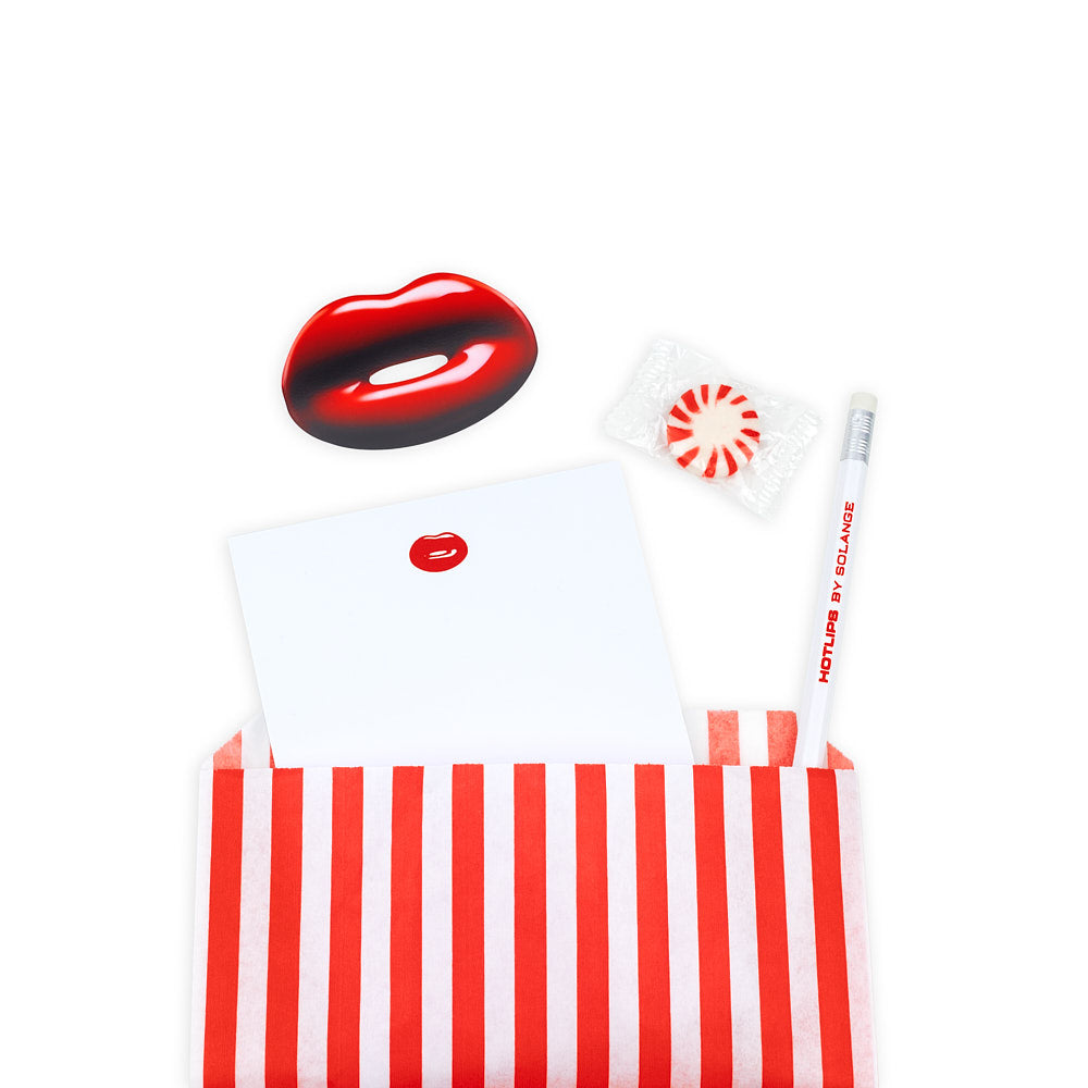 Take Note Set Hotlips by Solange Branded Notepad Pencil and Sticker Set in Striped Red Bag