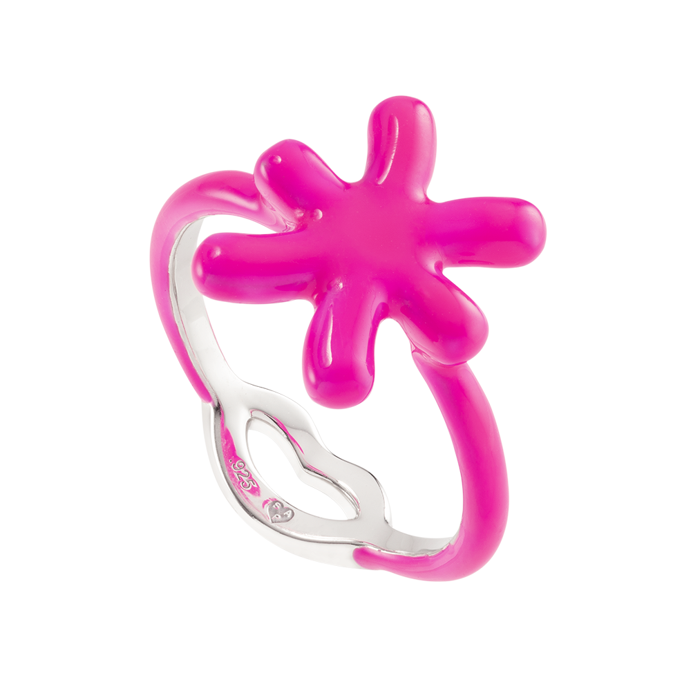 Pisces Hotglyph Zodiac Ring Neon Pink Enamel and Sterling Silver by Hotlips by Solange Angled View