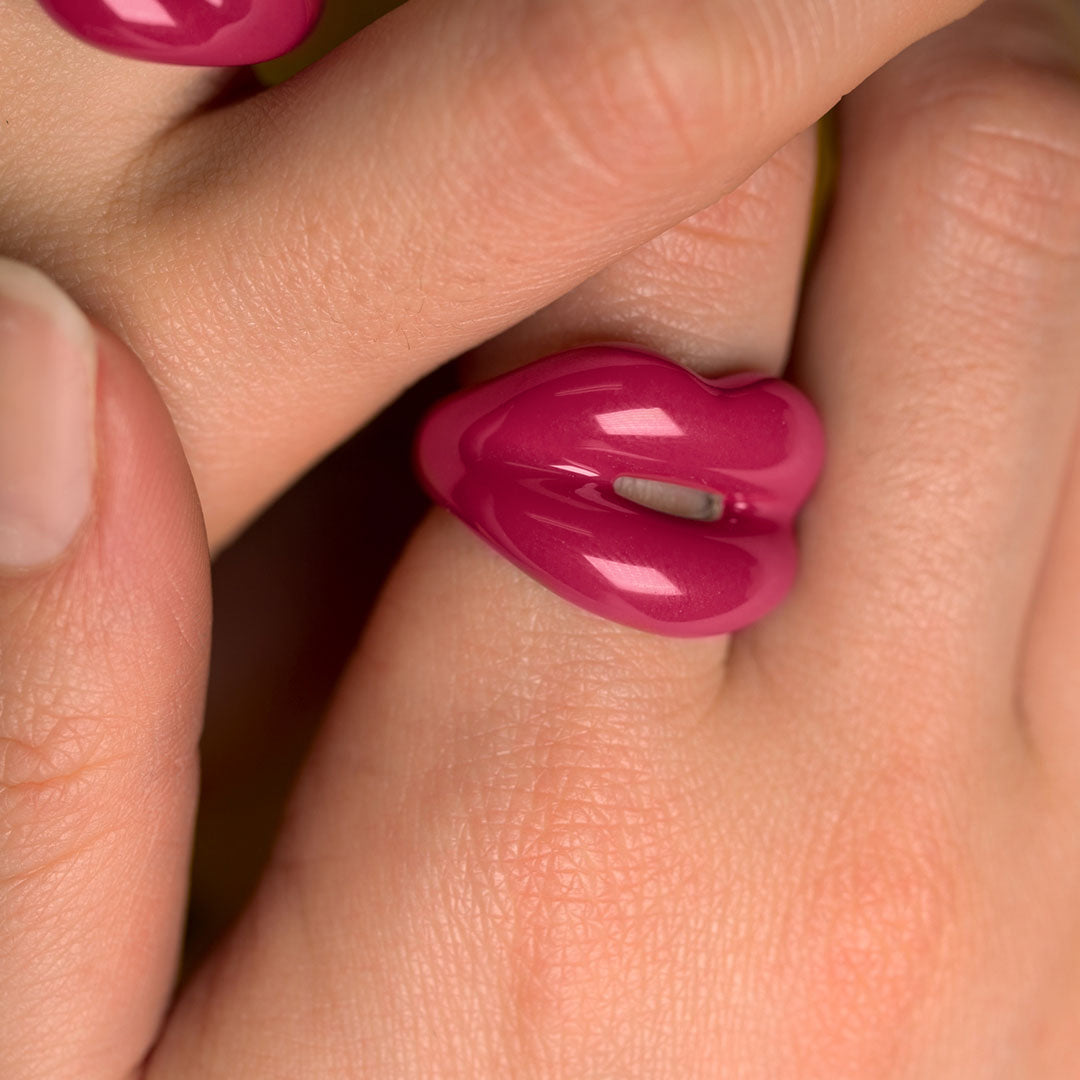 Dusky Pink Silver and Enamel Hotlips lip ring by Solange on hand