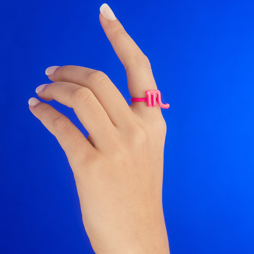 Scorpio Hotglyph Zodiac Ring Neon Pink Enamel and Sterling Silver by Hotlips by Solange On Hand