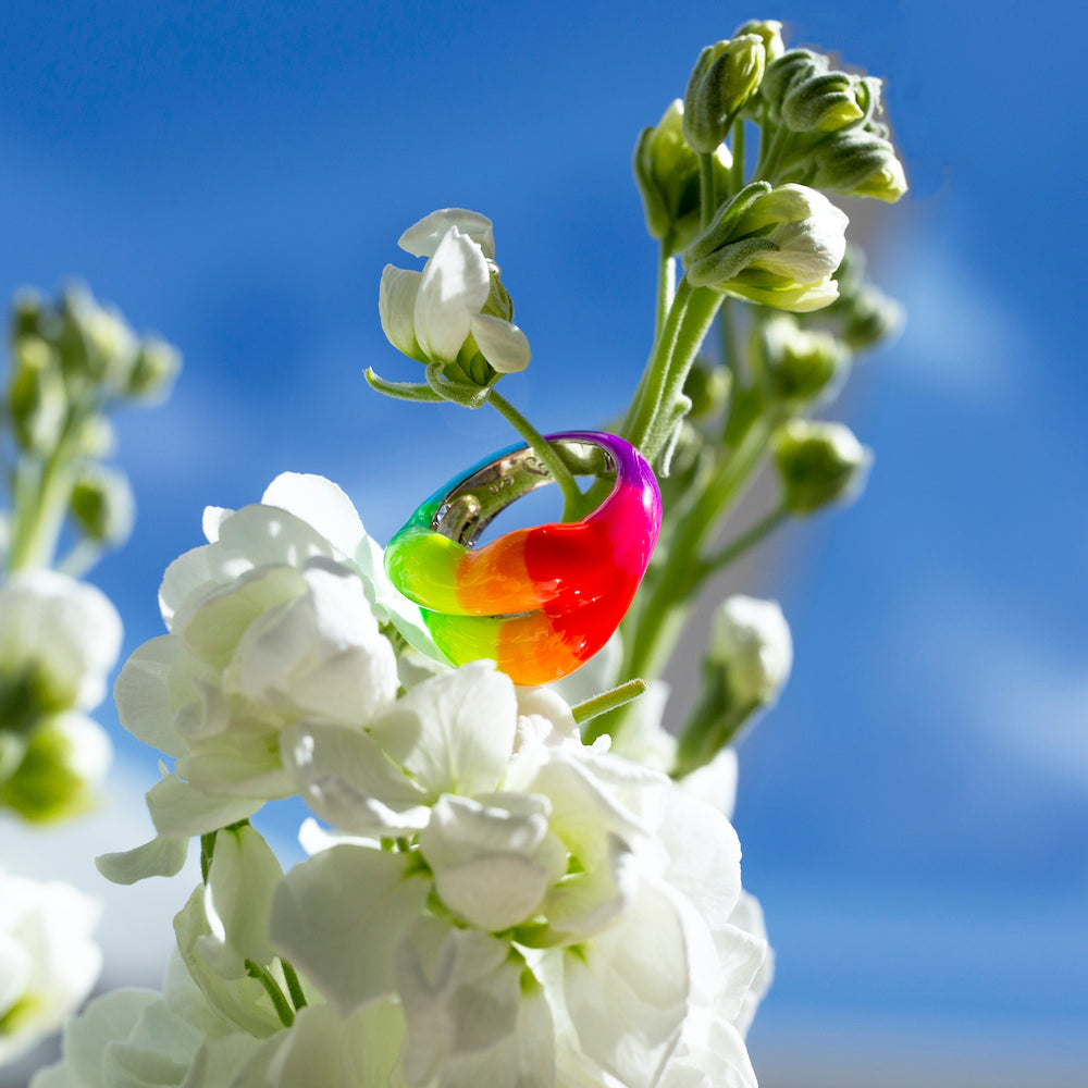 neon Rainbow Hotlips ring on flowers