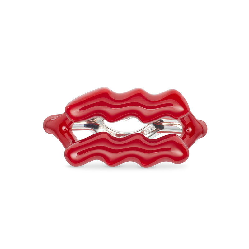 Aquarius Zodiac Hotglyph Ring Classic Red enamel and silver by Solange Azagury-Partridge front view