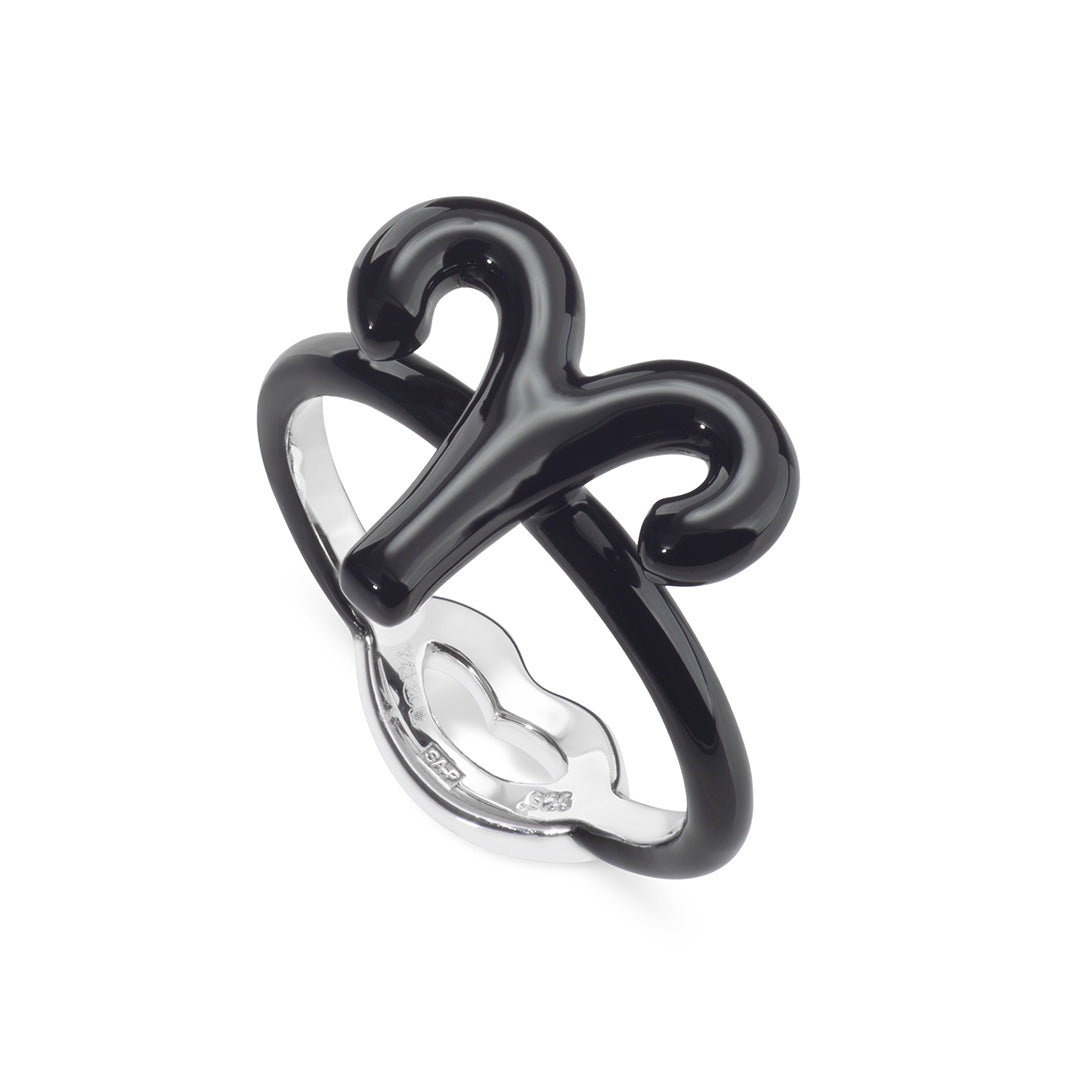 Aries Zodiac Hotglyph Ring black enamel and silver by Solange Azagury-Partridge angled view