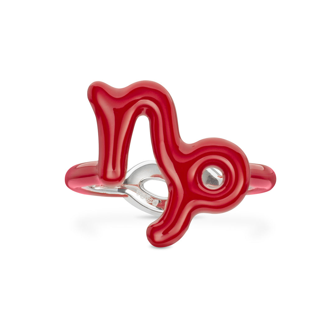 Capricorn Zodiac Hotglyph Ring Classic Red enamel and silver by Solange Azagury-Partridge front view