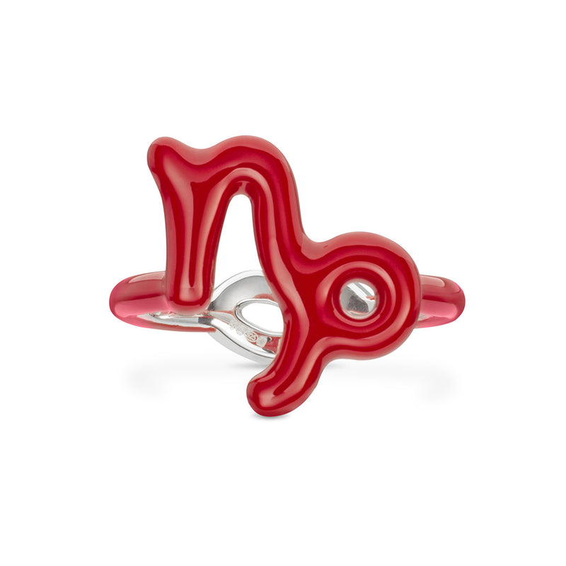 Capricorn Zodiac Hotglyph Ring Classic Red enamel and silver by Solange Azagury-Partridge front view