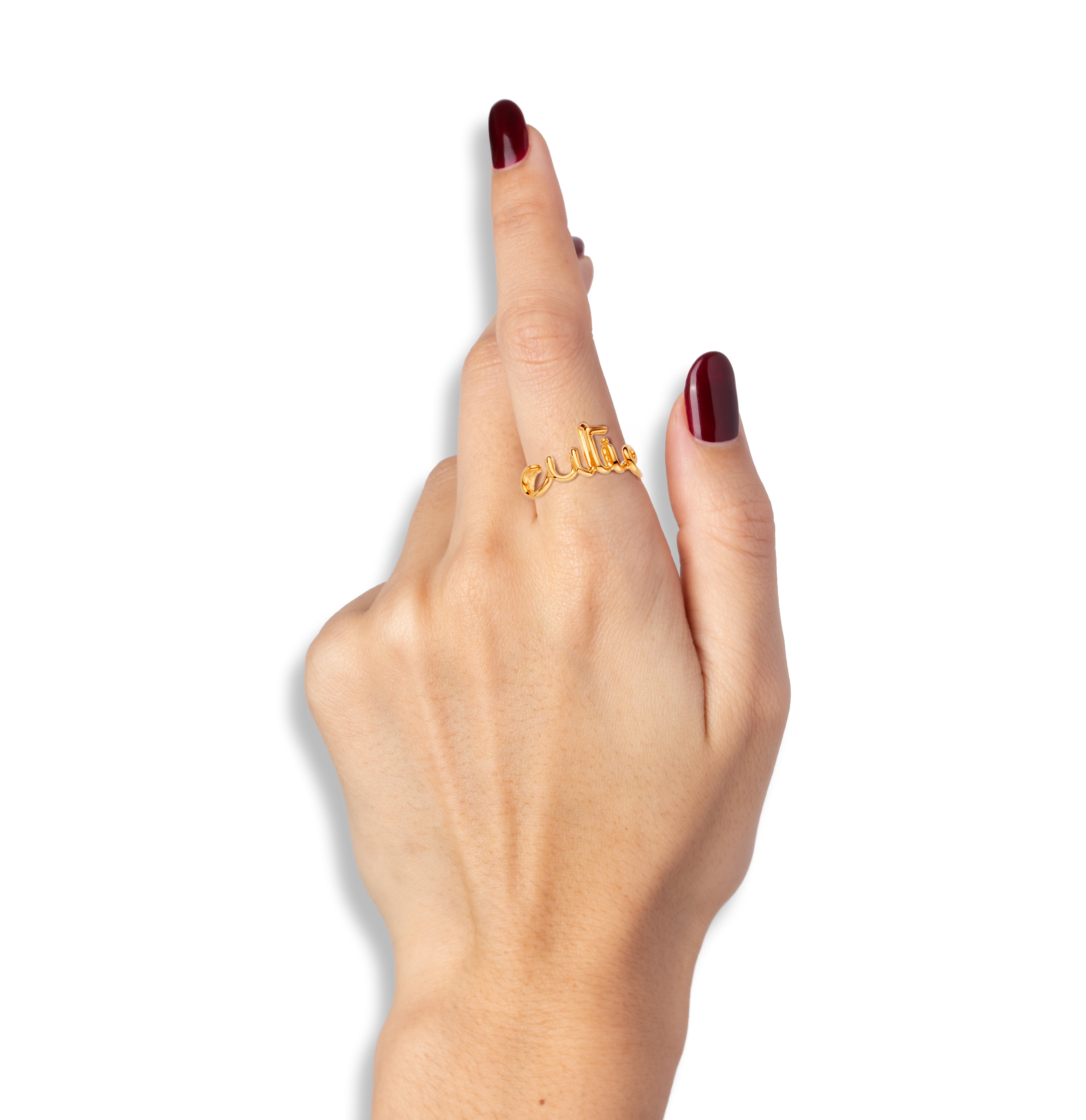 Cutie Hotscripts word wire ring by Hotlips by Solange in gold plated silver on model